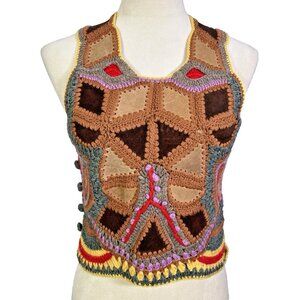 RARE Vtg 70s HALSTON International Leather Crochet Top Vest Hippie Boho Festival